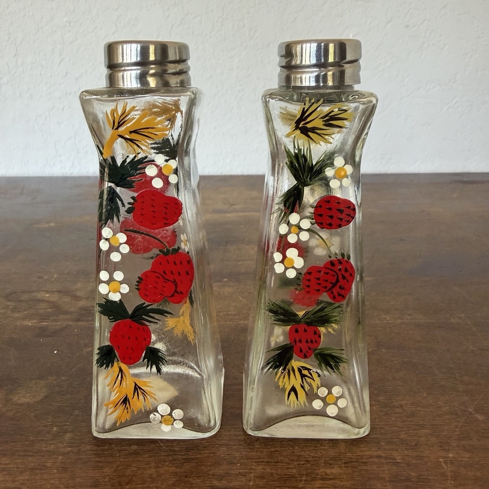 Vintage Strawberry Salt and Pepper Shakers Hand Painted Glass Retro Cottagecore